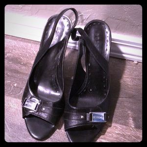 Black open toes sling back heels